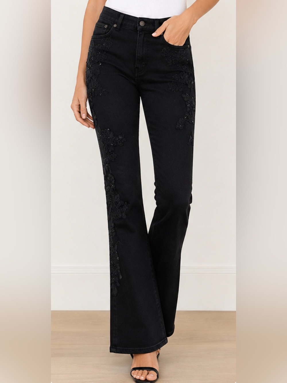 Lauren Jeans Black Embroidered Beaded Straight Leg 4